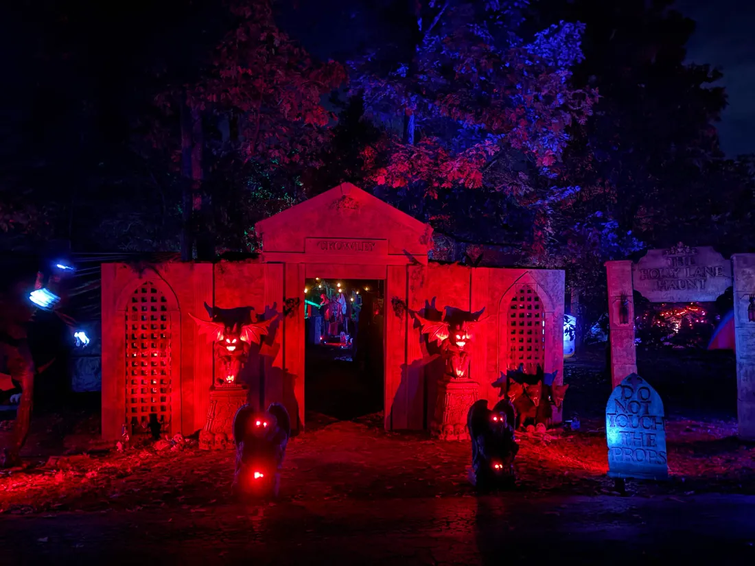 The gargoyle-flanked entrance to Crowley's Crypt on the Holly Lane Haunt trail